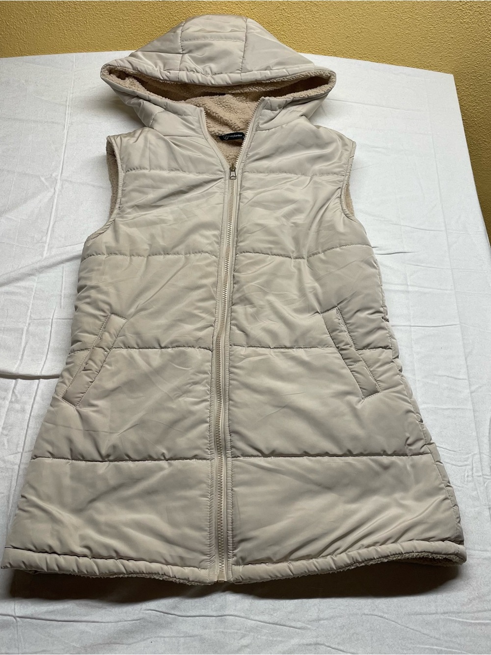 Sleeveless Quilted Hooded Puffer Vest in Cream